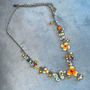 Orange & White Jewel Pave Flower Butterfly Chain Statement Charm Necklace